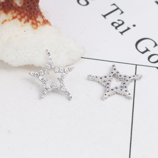 Imagen de Latón Micro Pave Conectores Estrellas de cinco puntos 18K Platino Real Chapado Hueco Transparente Rhinestone 15mm x 12mm, 2 Unidades