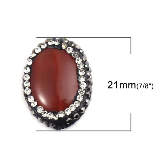 (グレードA) 瑪瑙 （ 天然 ） ビーズ 楕円形 橙赤色 黒+透明 ラインストーン 約 21mm x 17mm 、 穴: 約 1.4mm、 1 個 の画像