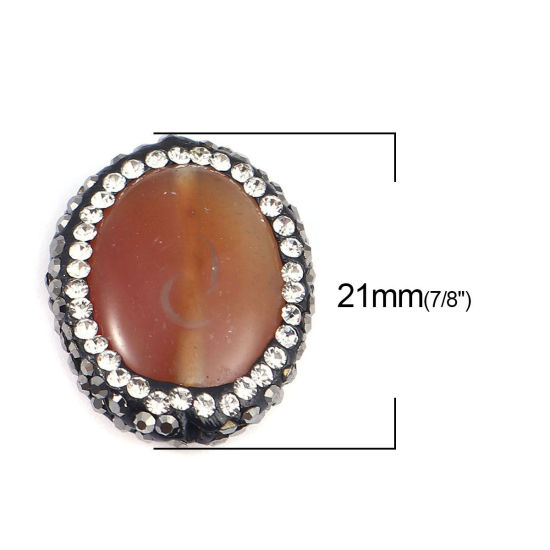 (グレードA) 瑪瑙 （ 天然 ） ビーズ 楕円形 ブラウン 黒+透明 ラインストーン 約 21mm x 17mm 、 穴: 約 1.4mm、 1 個 の画像