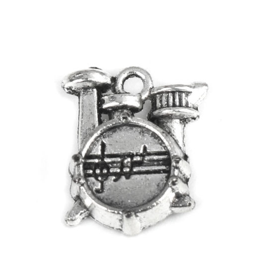 亜鉛合金 音楽 チャーム 楽器ドラムキット 銀古美 16mm x 14mm、 30 個 の画像