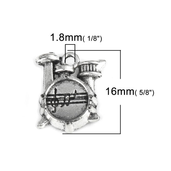亜鉛合金 音楽 チャーム 楽器ドラムキット 銀古美 16mm x 14mm、 30 個 の画像