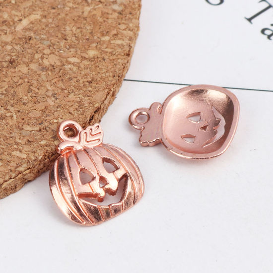 Picture of Zinc Based Alloy Halloween Charms Pumpkin Rose Gold Hollow 18mm x 16mm, 50 PCs