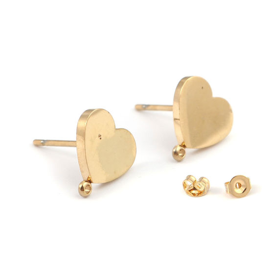 Picture of 2 PCs 304 Stainless Steel Ear Post Stud Earrings 18K Real Gold Plated Heart With Loop 10mm x 10mm, Post/ Wire Size: 0.8mm(20 gauge)