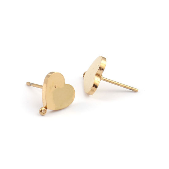 Picture of 2 PCs 304 Stainless Steel Ear Post Stud Earrings 18K Real Gold Plated Heart With Loop 10mm x 10mm, Post/ Wire Size: 0.8mm(20 gauge)