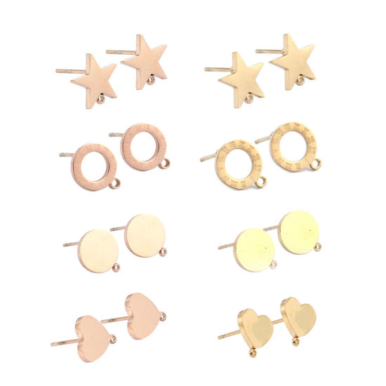 Picture of 2 PCs 304 Stainless Steel Ear Post Stud Earrings 18K Real Gold Plated Heart With Loop 10mm x 10mm, Post/ Wire Size: 0.8mm(20 gauge)