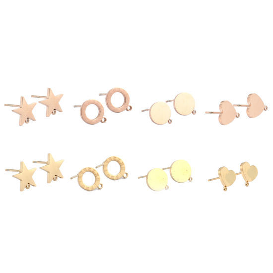 Picture of 2 PCs 304 Stainless Steel Ear Post Stud Earrings 18K Real Gold Plated Heart With Loop 10mm x 10mm, Post/ Wire Size: 0.8mm(20 gauge)