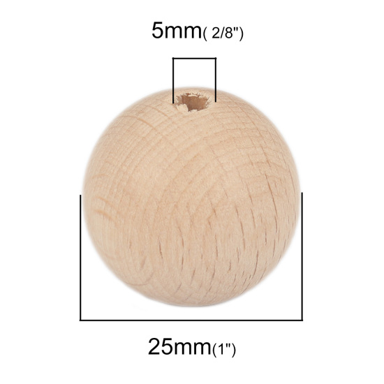 Image de Perles en Fagus Rond Couleur Naturelle 25mm Dia, Trou: env. 5mm, 10 Pcs