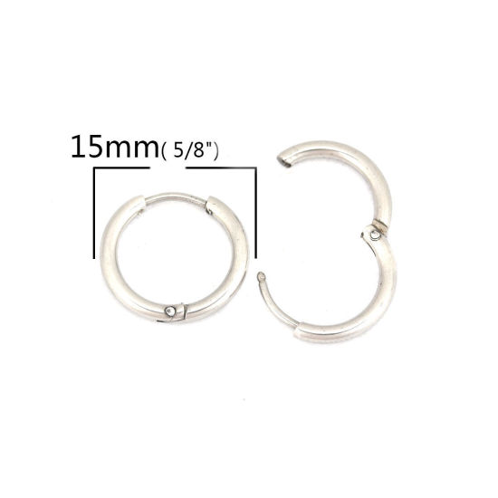 Image de Boucles d'Oreilles Créole Anneaux en 304 Acier Inoxydable Argent Mat Rond 15mm Dia., Epaisseur de Fil: (19 gauge), 10 Pcs