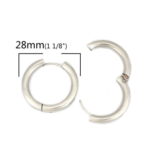 304ステンレス鋼 フープピアス シルバートーン 円形 28mm 直径、 ワイヤーサイズ: （18号）、 2 個 の画像