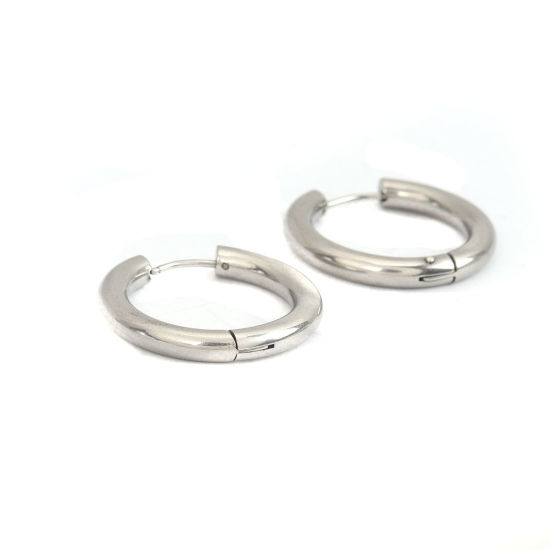 304ステンレス鋼 フープピアス シルバートーン 円形 28mm 直径、 ワイヤーサイズ: （18号）、 2 個 の画像