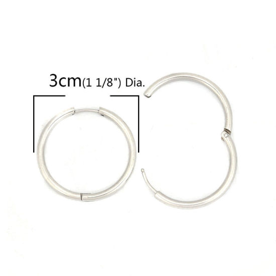 304ステンレス鋼 フープピアス シルバートーン 円形 28mm 直径、 ワイヤーサイズ: （18号）、 2 個 の画像