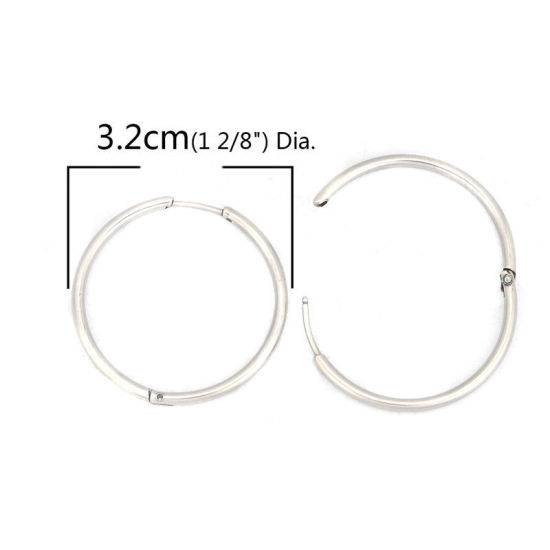 304ステンレス鋼 フープピアス シルバートーン 円形 28mm 直径、 ワイヤーサイズ: （18号）、 2 個 の画像