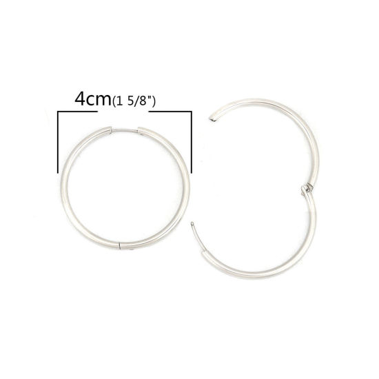 304ステンレス鋼 フープピアス シルバートーン 円形 4cm 直径、 ワイヤーサイズ: （19号）、 2 個 の画像