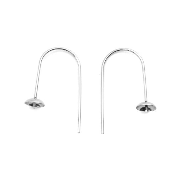 Picture of 304 Stainless Steel Ear Wire Hooks Earring Findings n-shape Silver Tone W/ Loop 26mm x 15mm, Post/ Wire Size: (21 gauge), 4 PCs