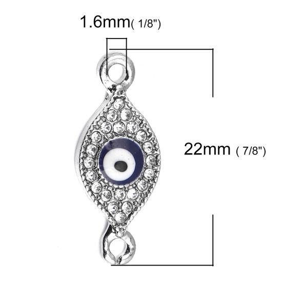 Immagine di Lega di Zinco Connettore Accessori Tono Argento Bianco & Blu Malocchio Disegno Smalto Trasparente Strass 22mm x 9mm, 5 Pz