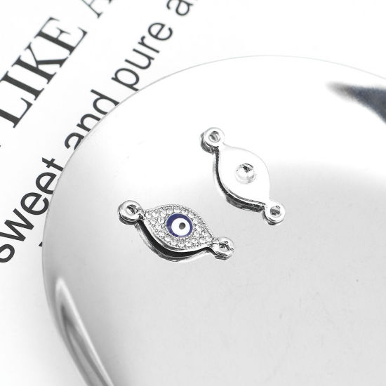 Immagine di Lega di Zinco Connettore Accessori Tono Argento Bianco & Blu Malocchio Disegno Smalto Trasparente Strass 22mm x 9mm, 5 Pz