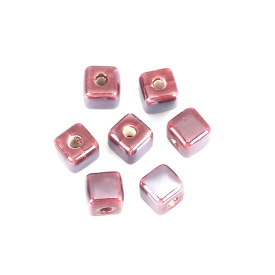 Immagine di Ceramica Diatanziale Perline Quadrato Colore Fuscia Circa 8mm x 8mm, Foro: Circa 2.4mm, 30 Pz