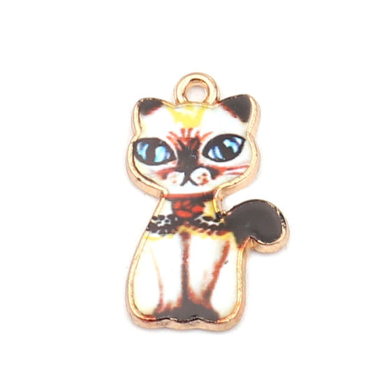 Bild von Zinklegierung Charms Katze Vergoldet Bunt Emaille 23mm x 14mm, 10 Stück