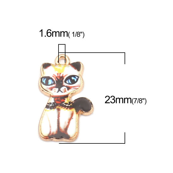 Bild von Zinklegierung Charms Katze Vergoldet Bunt Emaille 23mm x 14mm, 10 Stück
