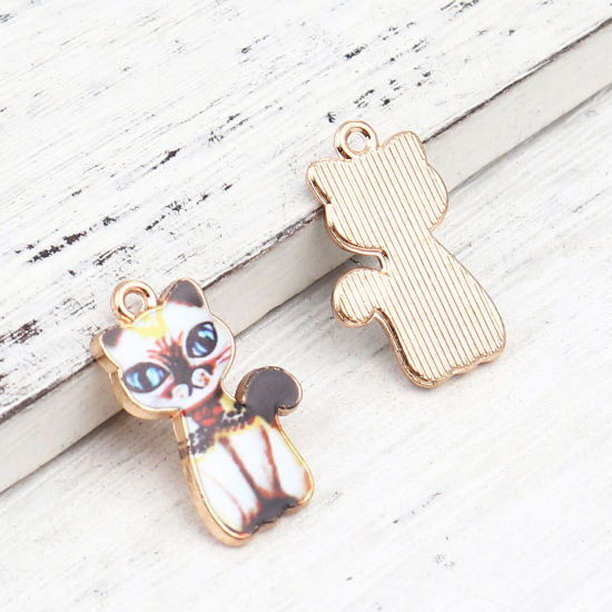Bild von Zinklegierung Charms Katze Vergoldet Bunt Emaille 23mm x 14mm, 10 Stück