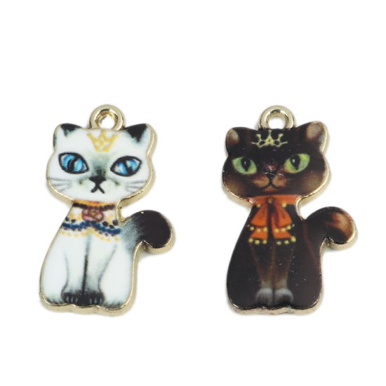 Bild von Zinklegierung Charms Katze Vergoldet Bunt Emaille 23mm x 14mm, 10 Stück