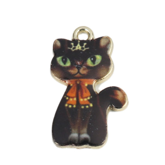 Bild von Zinklegierung Charms Katze Vergoldet Bunt Emaille 23mm x 14mm, 10 Stück