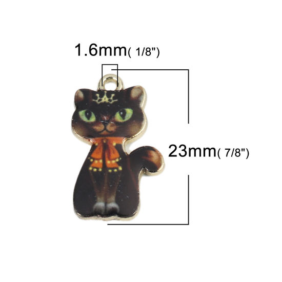 Bild von Zinklegierung Charms Katze Vergoldet Bunt Emaille 23mm x 14mm, 10 Stück