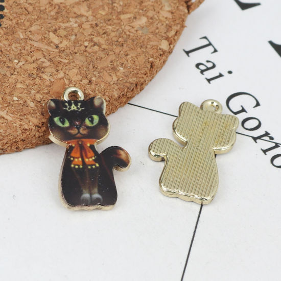 Bild von Zinklegierung Charms Katze Vergoldet Bunt Emaille 23mm x 14mm, 10 Stück