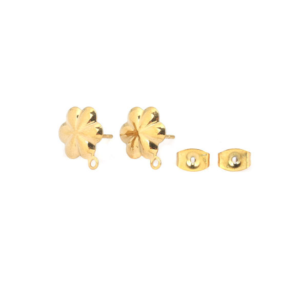 Picture of 304 Stainless Steel Ear Post Stud Earrings Flower Gold Plated W/ Loop 13mm x 10mm, Post/ Wire Size: 0.7mm, 6 PCs