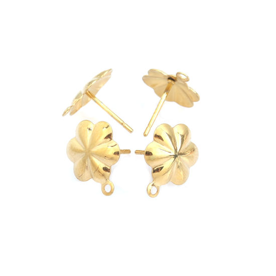 Picture of 304 Stainless Steel Ear Post Stud Earrings Flower Gold Plated W/ Loop 13mm x 10mm, Post/ Wire Size: 0.7mm, 6 PCs