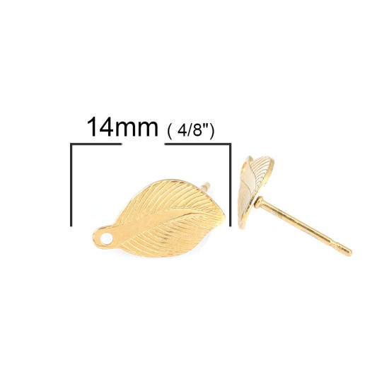 Picture of 304 Stainless Steel Ear Post Stud Earrings Leaf Gold Plated W/ Loop 14mm x 8mm, Post/ Wire Size: (21 gauge), 6 PCs