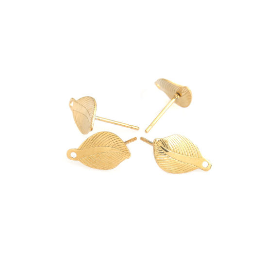 Picture of 304 Stainless Steel Ear Post Stud Earrings Leaf Gold Plated W/ Loop 14mm x 8mm, Post/ Wire Size: (21 gauge), 6 PCs