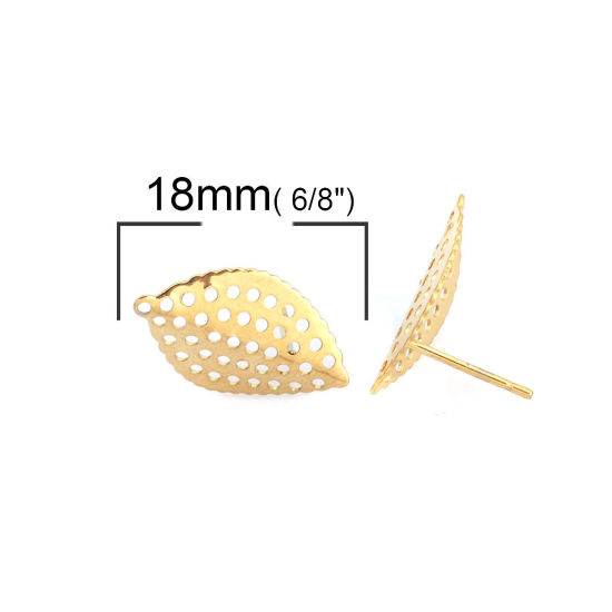 Picture of 304 Stainless Steel Ear Post Stud Earrings Leaf Gold Plated Circle W/ Loop 18mm x 11mm, Post/ Wire Size: (21 gauge), 6 PCs