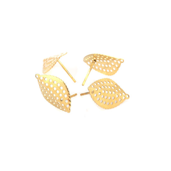 Picture of 304 Stainless Steel Ear Post Stud Earrings Leaf Gold Plated Circle W/ Loop 18mm x 11mm, Post/ Wire Size: (21 gauge), 6 PCs