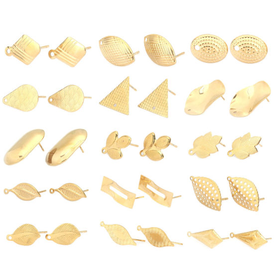 Picture of 304 Stainless Steel Ear Post Stud Earrings Leaf Gold Plated Circle W/ Loop 18mm x 11mm, Post/ Wire Size: (21 gauge), 6 PCs