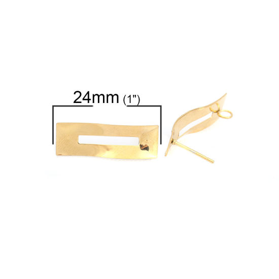 Picture of 304 Stainless Steel Ear Post Stud Earrings Rectangle Gold Plated W/ Loop 24mm x 8mm, Post/ Wire Size: (21 gauge), 6 PCs