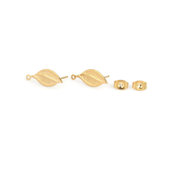 Picture of 304 Stainless Steel Ear Post Stud Earrings Leaf Gold Plated W/ Loop 19mm x 8mm, Post/ Wire Size: 0.7mm, 6 PCs