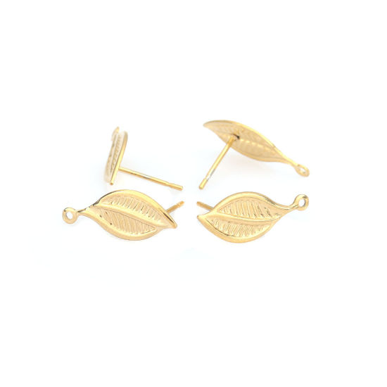 Picture of 304 Stainless Steel Ear Post Stud Earrings Leaf Gold Plated W/ Loop 19mm x 8mm, Post/ Wire Size: 0.7mm, 6 PCs
