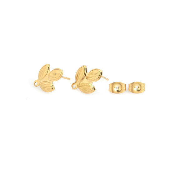 Picture of 304 Stainless Steel Ear Post Stud Earrings Leaf Gold Plated W/ Loop 14mm x 11mm, Post/ Wire Size: (21 gauge), 6 PCs