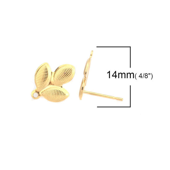 Picture of 304 Stainless Steel Ear Post Stud Earrings Leaf Gold Plated W/ Loop 14mm x 11mm, Post/ Wire Size: (21 gauge), 6 PCs