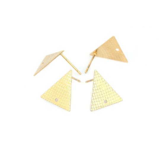 Picture of 304 Stainless Steel Ear Post Stud Earrings Triangle Gold Plated Grid Checker W/ Loop 14mm x 13mm, Post/ Wire Size: (21 gauge), 6 PCs
