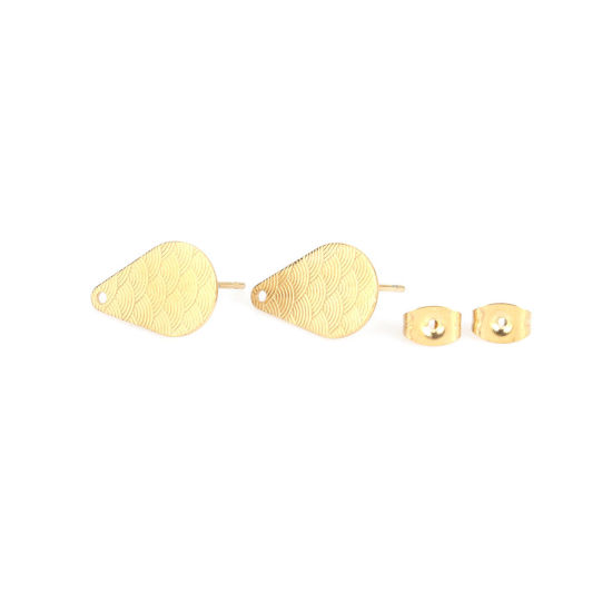 Picture of 304 Stainless Steel Ear Post Stud Earrings Drop Gold Plated Fish Scale W/ Loop 16mm x 10mm, Post/ Wire Size: (21 gauge), 6 PCs