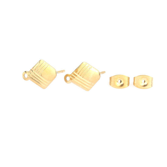 Picture of 304 Stainless Steel Ear Post Stud Earrings Marquise Gold Plated W/ Loop 15mm x 9mm, Post/ Wire Size: (21 gauge), 6 PCs