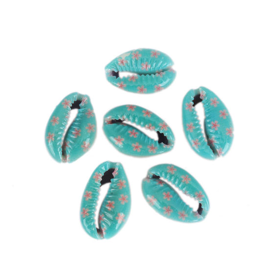 Image de Perles en Coquille Escargot de Mer Rose & Bleu Clair Fleurs 25mm x 17mm-18mm x 14mm, 10 Pcs
