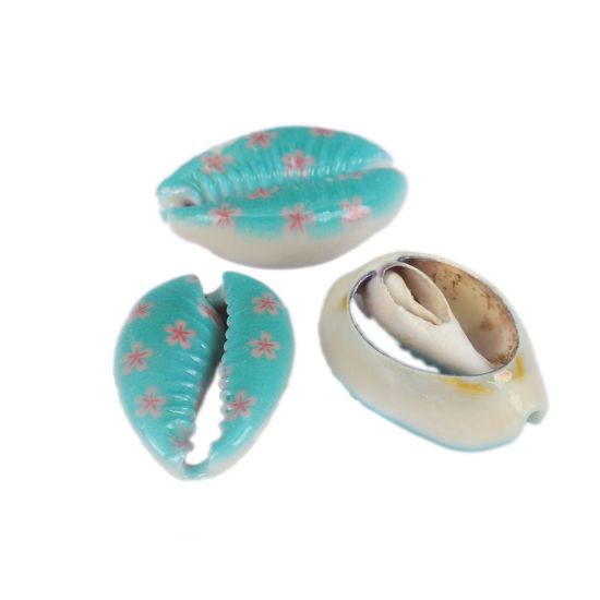 Image de Perles en Coquille Escargot de Mer Rose & Bleu Clair Fleurs 25mm x 17mm-18mm x 14mm, 10 Pcs