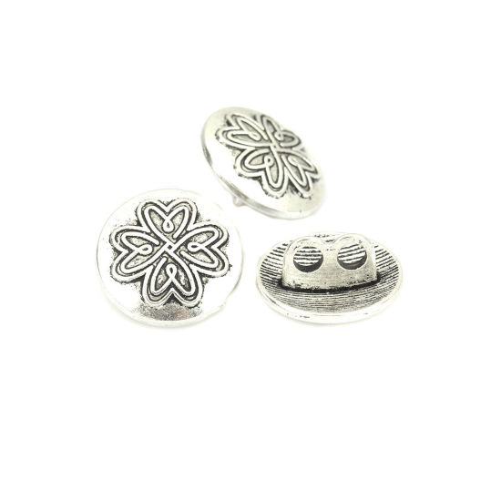 亜鉛合金 裏穴ボタン 2つ穴 円形 銀古美 花 柄 17mm 直径、 25 個 の画像