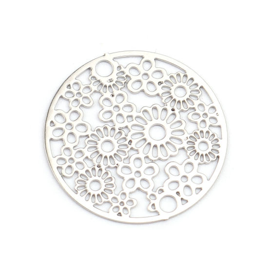 Bild von Messing Filigran Stempel Verzierung Verbinder Rund Silberfarbe Blumen 20mm D., 10 Stück