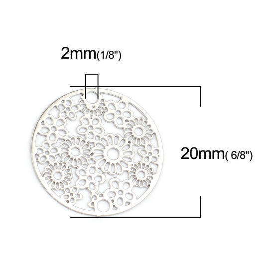Bild von Messing Filigran Stempel Verzierung Verbinder Rund Silberfarbe Blumen 20mm D., 10 Stück