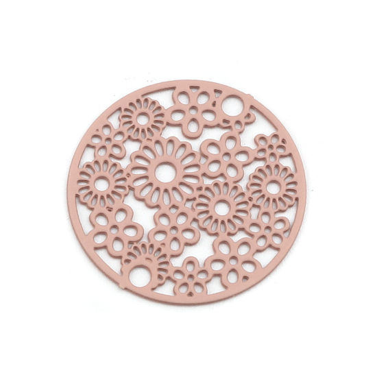 Bild von Messing Filigran Stempel Verzierung Verbinder Rund Blassrosa Blumen 20mm D., 10 Stück
