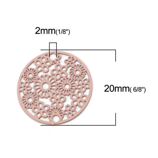Bild von Messing Filigran Stempel Verzierung Verbinder Rund Blassrosa Blumen 20mm D., 10 Stück